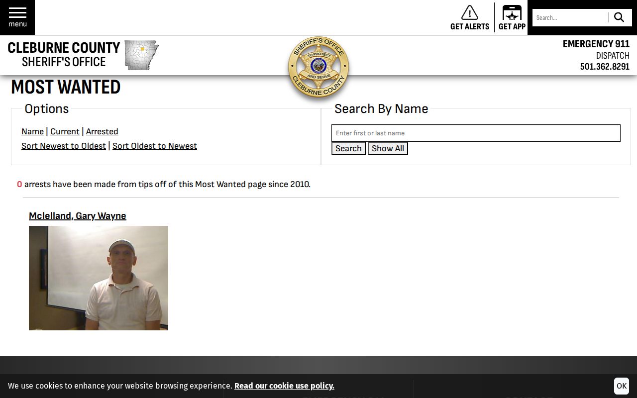 Cleburne County active warrant related Most Wanted controls