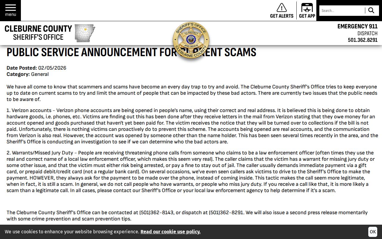 Cleburne County Sheriff warning about warrant and jury-duty scams